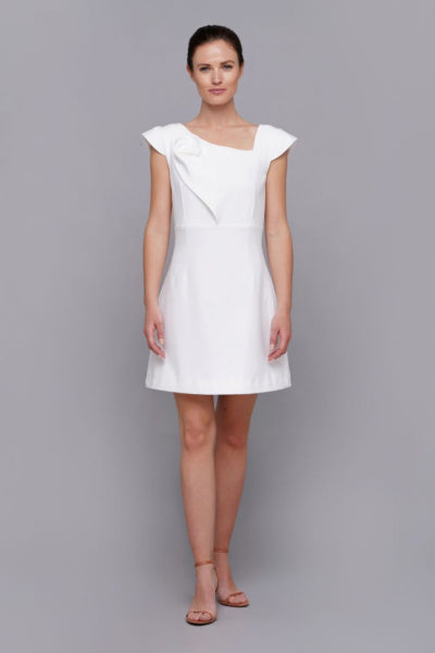 white custom made mini dress with twist at neckline